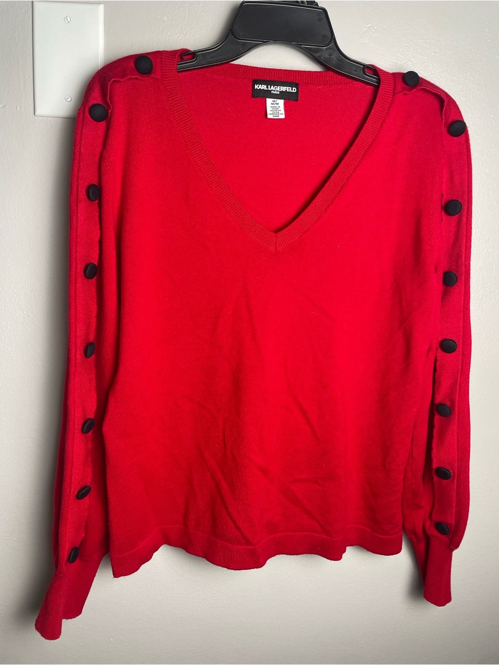 Karl Lagerfeld Bright Red V-Neck Sweater with Black Button Trim
